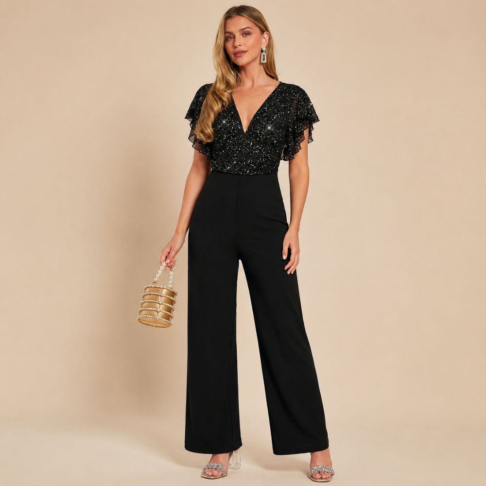 Dames jumpsuit met pailletten en wijde pijpen