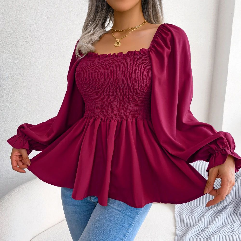 Dames gesmockte blouse met ruches