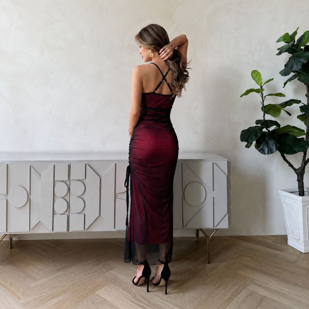 Dames midi jurk met mesh en spaghettibandjes