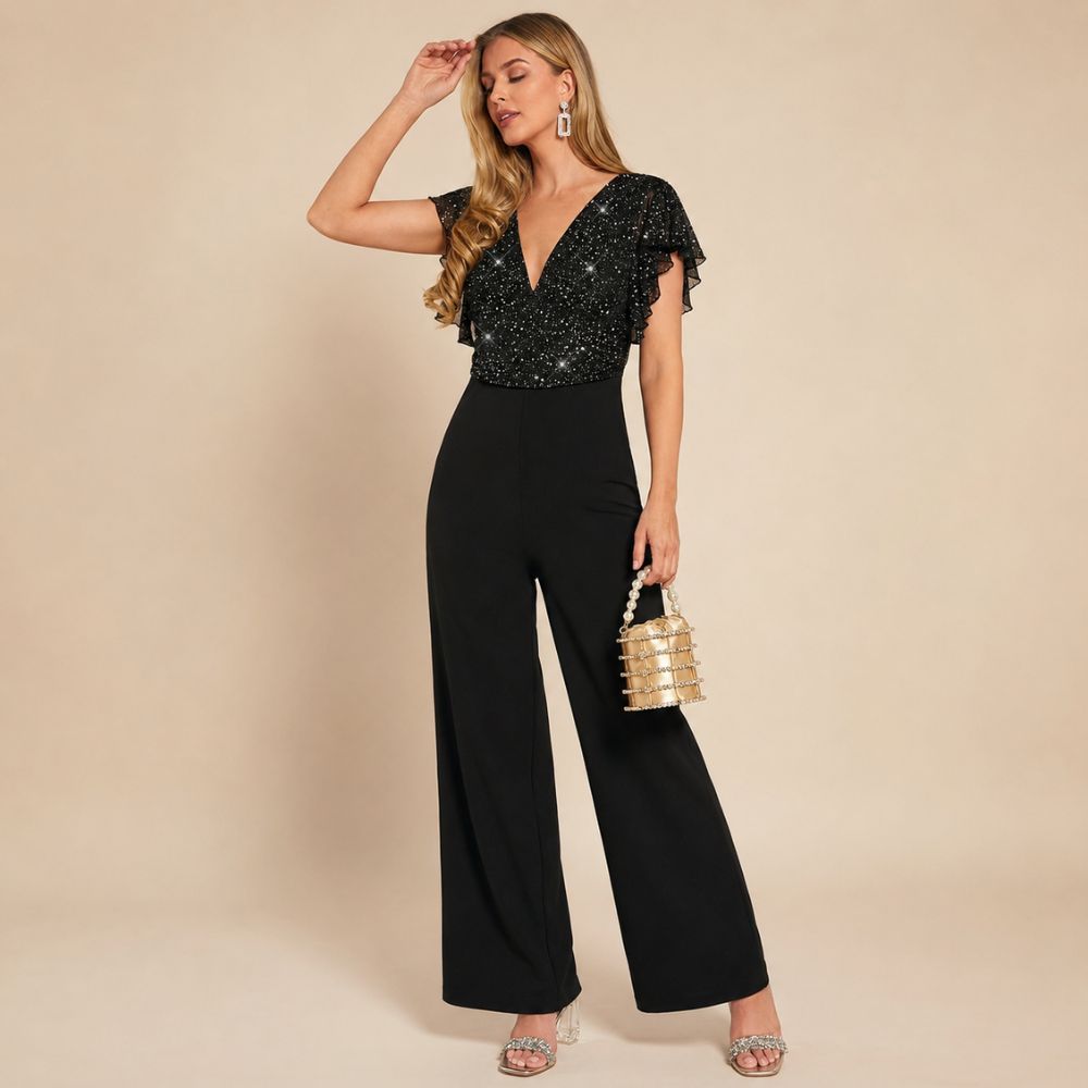 Dames jumpsuit met pailletten en wijde pijpen