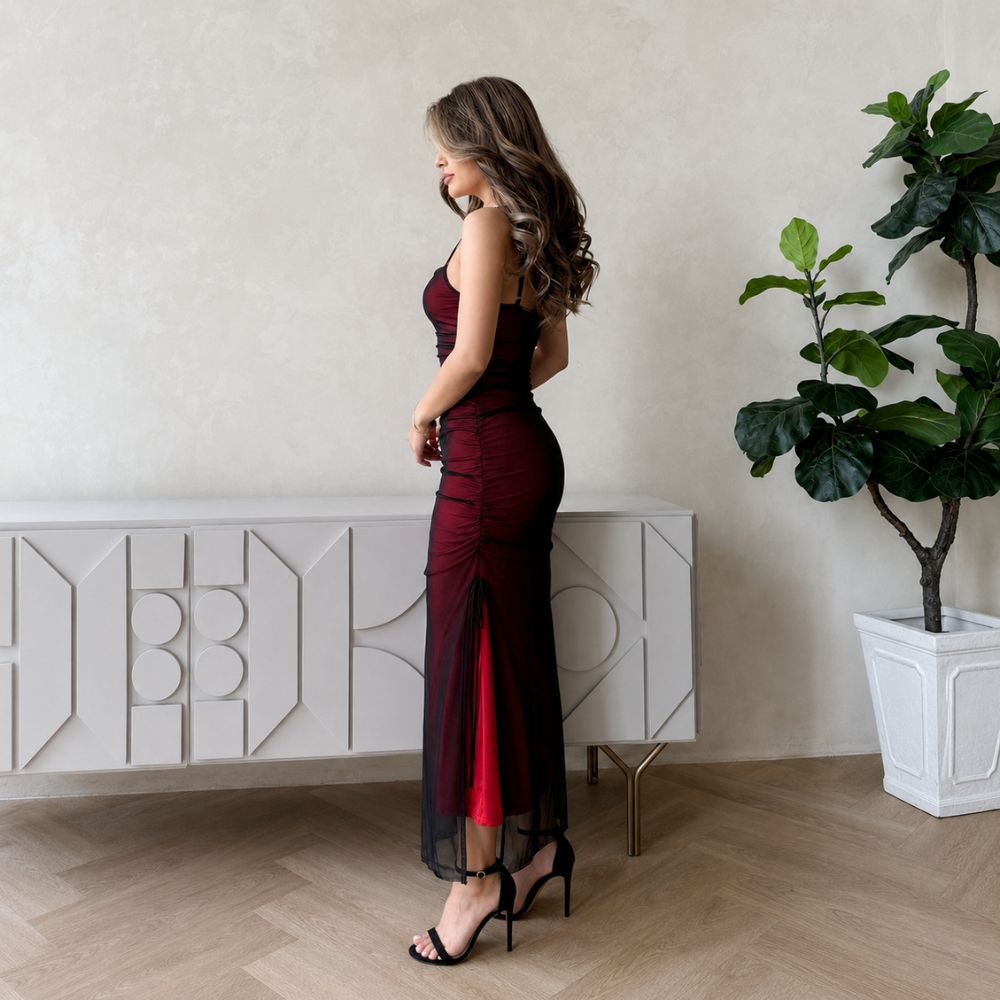 Dames midi jurk met mesh en spaghettibandjes
