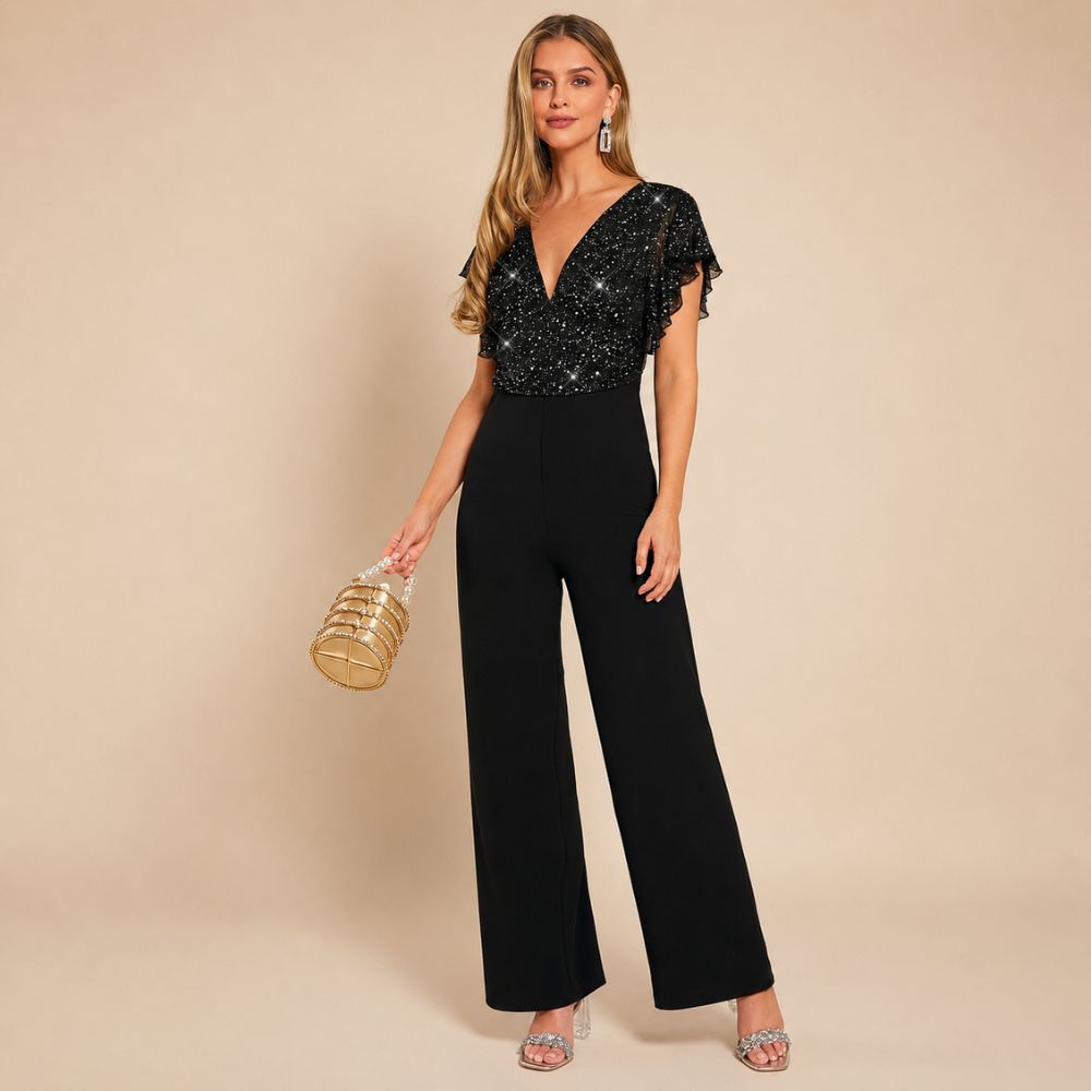 Dames jumpsuit met pailletten en wijde pijpen