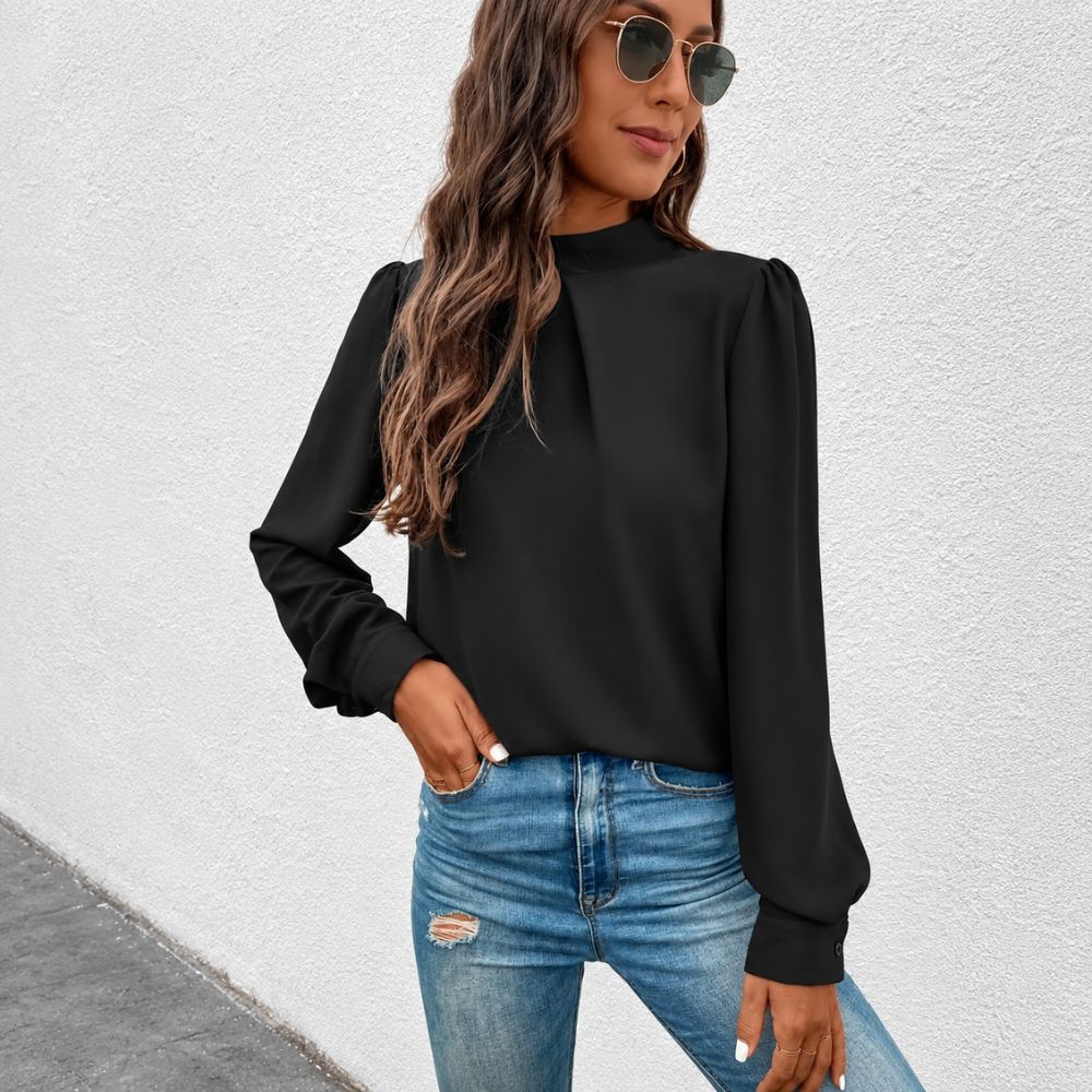 Dames blouse met geplooide hoge hals
